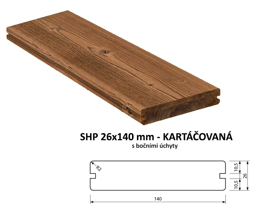 Prkno kartáčované SHP 26x140, délka 4500mm, THERMO SMRK SEVERSKÝ. T-klip