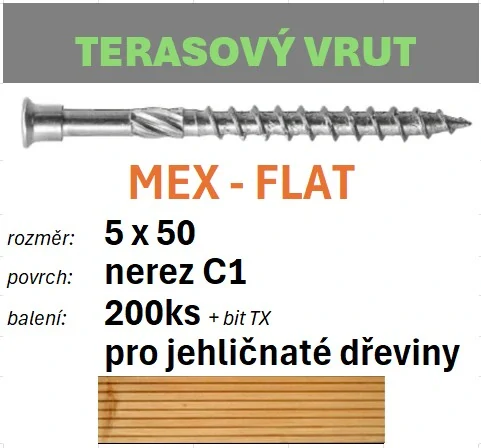 Terasový vrut MEX-FLAT C1 5x50 - balení 200ks+bit