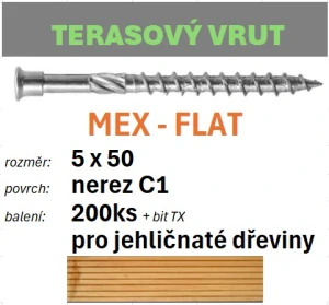 Terasový vrut MEX-FLAT C1 5x50 - balení 200ks+bit