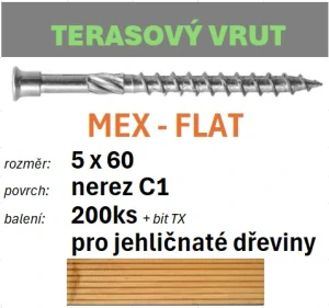 Terasový vrut MEX-FLAT C1 5x60 - balení 200ks+bit