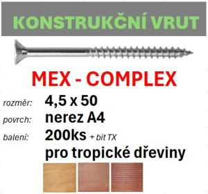 Konstrukční vrut MEX-COMPLEX A4 4,5x50 - balení 200ks+bit