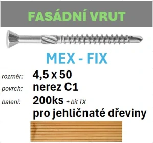 Fasádní vrut MEX-FIX C1 4,5x50 - balení 200ks+bit