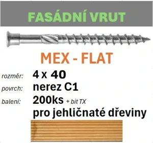 Fasádní vrut MEX-FLAT C1 4x40 - balení 200ks+bit