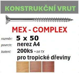 Konstrukční vrut MEX-COMPLEX A4 5x50 - balení 200ks+bit