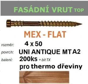 Fasádní vrut MEX-FLAT UNI ANTIQUE A2 4x50 - balení 200ks+bit